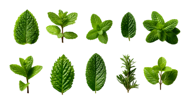 Assortment of fresh mint leaves and rosemary sprig on a isolated on white transparent background displaying culinary herbs and botanical elements for diverse uses