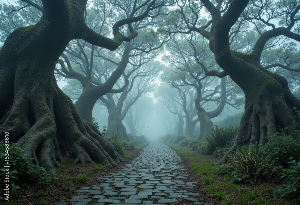 Poster mystical foggy forest pathway lined with ancient twisted trees and cobblestones