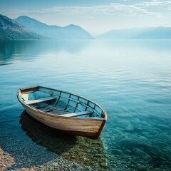 Obraz premium small wooden boat on a calm turquoise sea shore