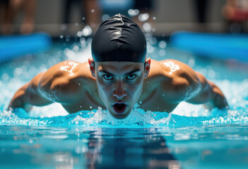 Female swimmer in a black cap performs a butterfly stroke in a competitive swimming pool