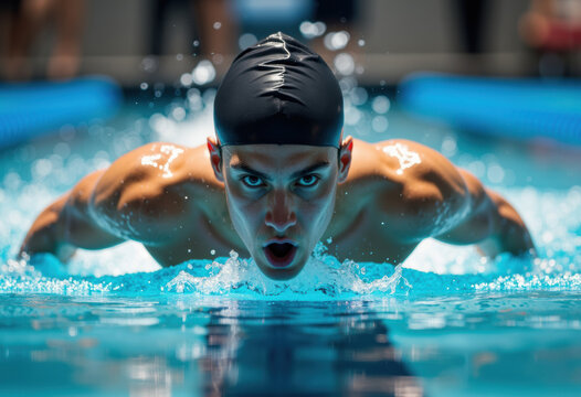 Female swimmer in a black cap performs a butterfly stroke in a competitive swimming pool