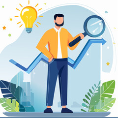 Business viability checking, validate idea by market research to see possibility to success in real world, evaluate profitable of business idea, businessman with magnifier analyze lightbulb ide