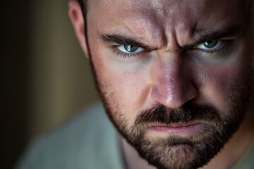 Obraz premium mężczyzna, portret, zły mężczyzna, emocje, intensywny wyraz twarzy, zaciśnięta szczęka, zmarszczone brwi, naturalne światło, miękkie światło, fotografia komercyjna, profesjonalna fotografia, nowoczesn