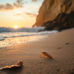small insect on sandy beach at sunset with ocean waves and coastal cliffs