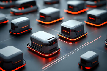 Array of automated guided vehicles (AGVs) on a dark surface illuminated by red lights, suggesting advanced logistics