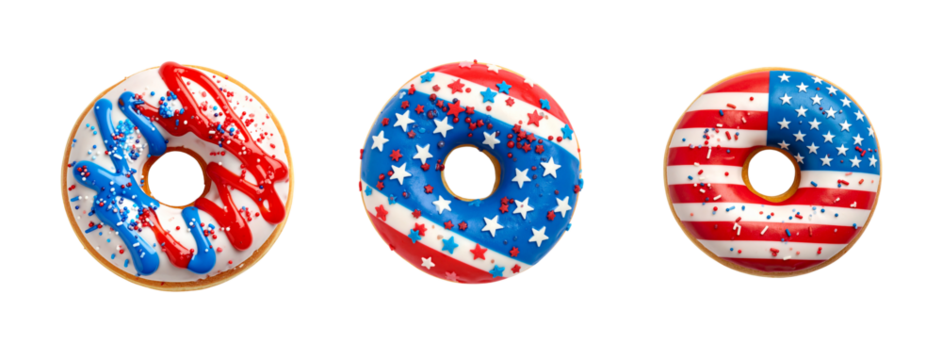 Three american flag decorated doughnuts, isolated against a transparent background; PNG