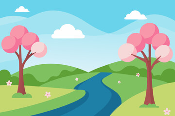 Fototapeta premium Serene Spring Landscape Pink Blossoms, Rolling Hills, and a Gentle River