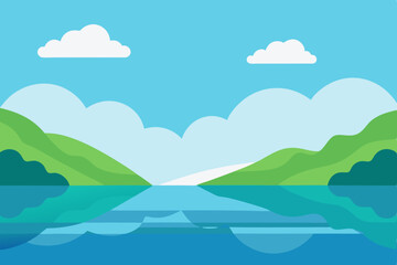 Serene Lakeside Landscape Tranquil Water Reflecting Verdant Hills Under a Summer Sky