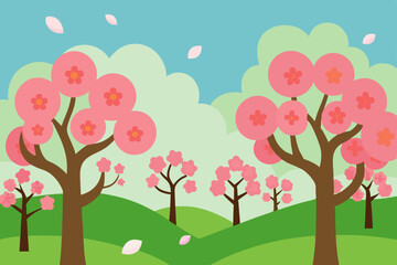 Serene Spring Blossom Landscape Pink Cherry Trees in Gentle Breeze