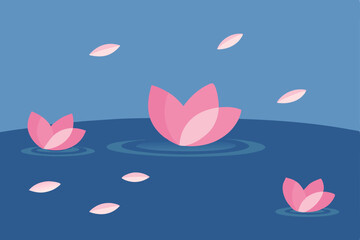 Serene Water Lilies Floating Pink Blossoms and Falling Petals