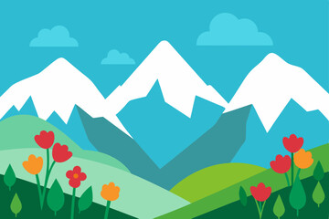 Fototapeta premium Serene Mountain Landscape Spring Blossoms and Majestic Peaks