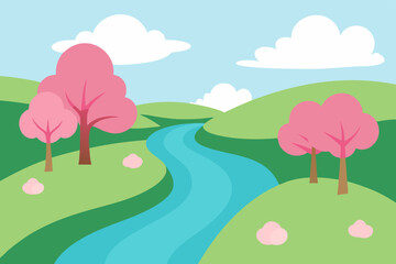 Fototapeta premium Serene Spring Landscape Pink Cherry Blossoms and Winding River