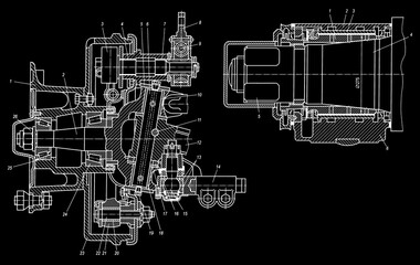 Shaft, screw with thread, hinge, bearing.
Engineering mechanical drawing of steel device
with dimension lines. Industrial 
cad scheme on paper sheet. Technology background
of machine building industry