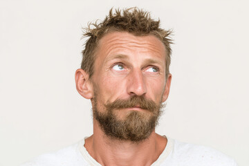 Obraz premium closeup portrait of american homeless person with exaggerated expression of wariness