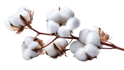 Close up of cotton plant with fluffy white blooms showing texture and detail on a stem in soft light against white background