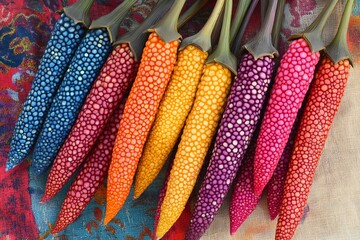 Colorful Rainbow Ornamental Vegetables with Textured Surface on Fabric Background