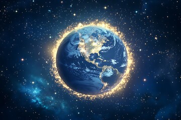 Fototapeta premium Earth view from space with glowing lights around the planet and stars in the dark blue background