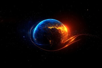 Obraz premium A vibrant planet in space with glowing orange and blue hues surrounded by flowing light trails
