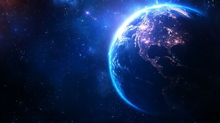 Obraz premium A view of earth from space showing city lights and a blue atmosphere with stars in the background