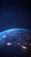 Obraz premium Aerial view of earth at night showing city lights and constellations in the dark starry sky above