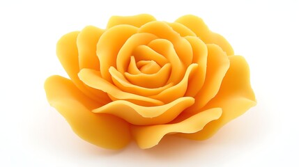 Close up of a single yellow rose with visible petals on a white background in a studio setting