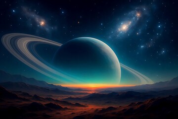 Futuristic Ringed Planet Landscape with Cosmic Sky and Alien Terrain