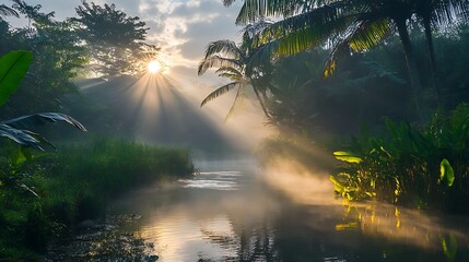 Naklejka premium Sun rays piercing through mist over a river surrounded by lush tropical vegetation and palm trees
