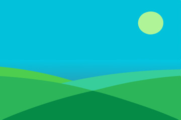 Serene Landscape Minimalist Green Hills and Bright Sun Illustration