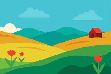 Fototapeta premium Serene Rolling Hills Landscape Farm, Tulips, and Sunny Skies