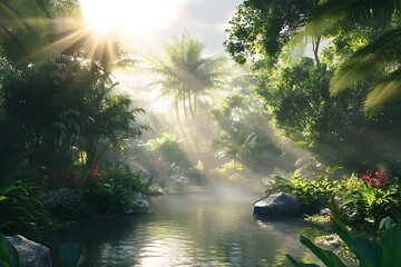 Fototapeta premium Sunlight shining through the trees in a tropical forest with a calm river flowing through it calmly