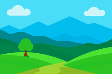 Fototapeta premium Serene Mountain Landscape A Picturesque View of Rolling Hills and Blue Mountains