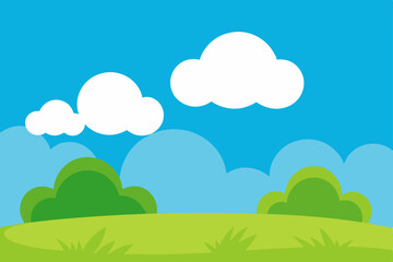 Serene Landscape A Simple Illustration of Green Hills, Fluffy Clouds, and a Vivid Blue Sky