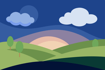 Fototapeta premium Serene Sunset Landscape Rolling Hills, Peaceful Clouds, and Tranquil Evening Sky