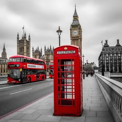 Gordijnen Classic-London-Scene-with-Red-Telephone-Booth-and-Big-Ben © MDWASAK