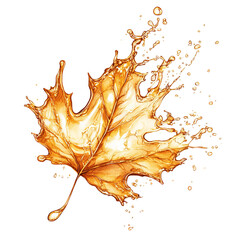 Naklejka premium Maple Leaf Syrup Splash: An evocative watercolor illustration depicts a maple leaf exquisitely crafted from splashing droplets of golden maple syrup, symbolizing sweetness and autumnal beauty.