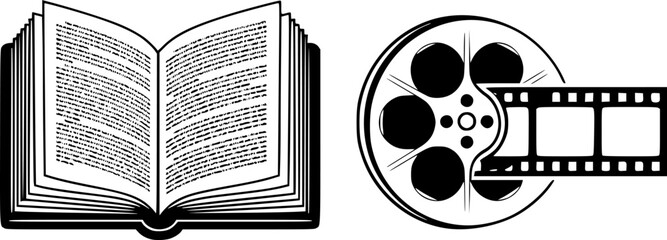 Open book or film reel icon, symbol for literature and cinema arts
