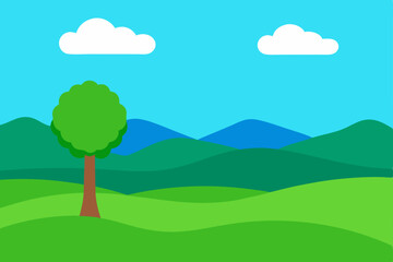 Fototapeta premium Serene Landscape Rolling Hills, Green Meadows, and a Solitary Tree Under a Summer Sky
