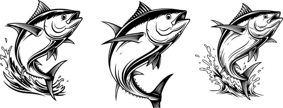 Majestic tuna fish leaps upwards in monochrome graphic illustration design
