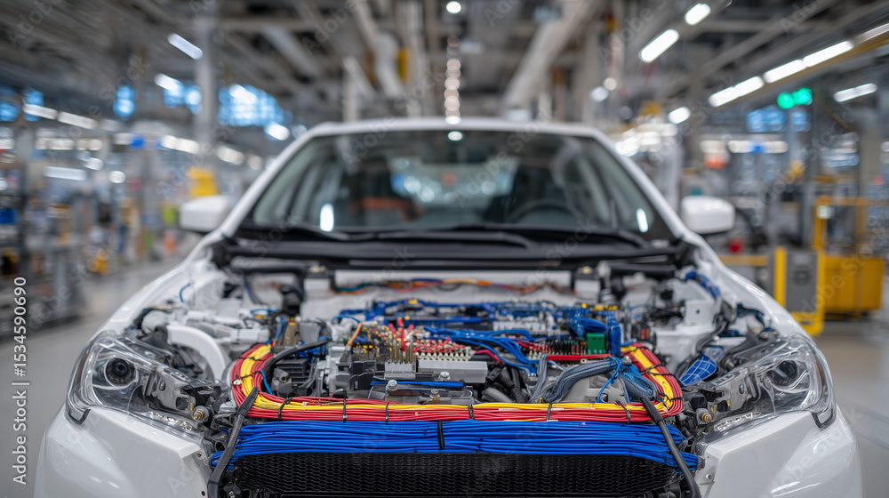 Poster organized wiring harness running across the interior frame of a car, connecting various sensors and 