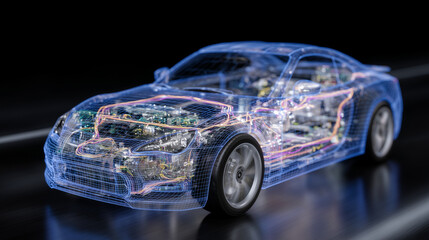 Transparent overlay showing the complex electrical network of a modern car, highlighting data lines, power distribution paths, and battery connections