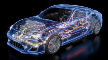 Transparent overlay showing the complex electrical network of a modern car, highlighting data lines, power distribution paths, and battery connections