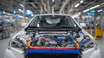 Organized wiring harness running across the interior frame of a car, connecting various sensors and control units with precision-wrapped cables and plastic routing guides