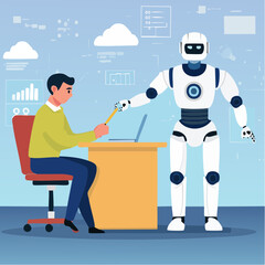 AI Artificial Intelligence work with human, robot or automation to help success, robot to replace human employment, job uncertainty concept, frustrated businessman working with pencil with AI robo