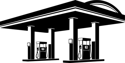 Silhouette of a gas station canopy with two pumps on a white background
