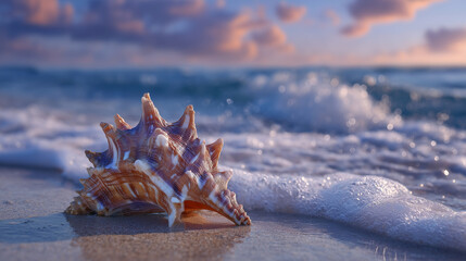 Low angle view of a conch shell in fine beach sand, wave breaking just behind it, gentle foam surrounding the scene under the soft gradient of early morning sky