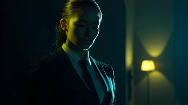 Stylish portrait of an Asian woman in a suit with dramatic lighting
