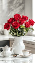 Obraz premium Still life of red roses in a white vase with a teapot and teacup on a marble surface indoor scene
