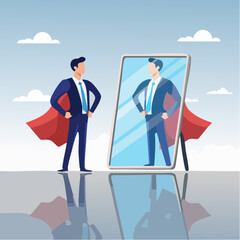 Self confidence or self esteem believe in yourself, positive attitude to success, ambition or determination to achieve goals, businessman looking at his strong ideal self superhero reflection mirro