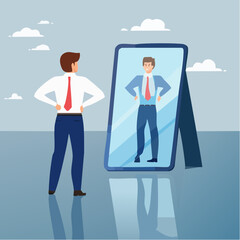 Obraz premium Self confidence or self esteem believe in yourself, positive attitude to success, ambition or determination to achieve goals, businessman looking at his strong ideal self superhero reflection mirro