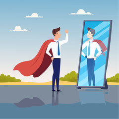 Obraz premium Self confidence or self esteem believe in yourself, positive attitude to success, ambition or determination to achieve goals, businessman looking at his strong ideal self superhero reflection mirro